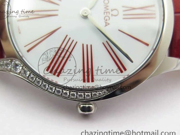 0402 Ladies’ De Ville Trésor Diamond SS 3AF 1:1 Best Edition White Dial On Red Leather Strap Swiss Quartz Snug 7885